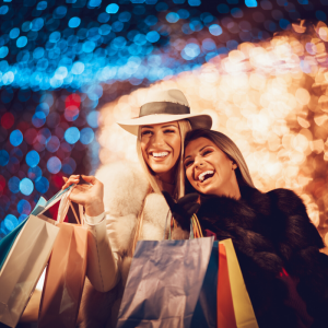 Two women smiling holding shopping bags with Christmas lights in the background. Avoid Impulse Holiday Shopping