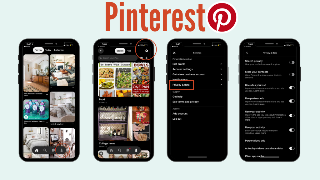 screenshots of how to set up security settings on Pinterest.