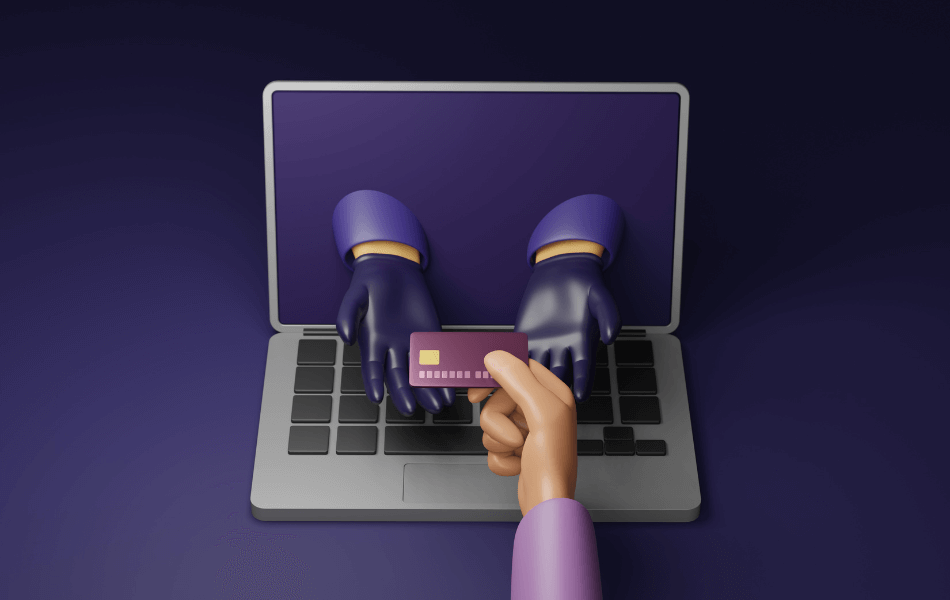 Fraudsters arms are reaching out of a computer to grab a victim's credit card