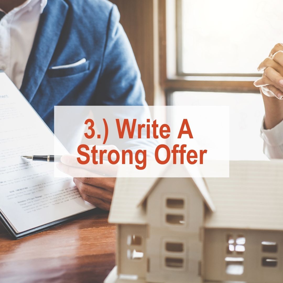 a man holding a clipboard up next to a miniature house | Write A Strong Offer