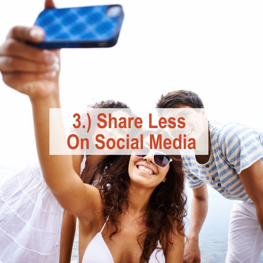 3 people smiling taking a selfie | Share Less On Social media