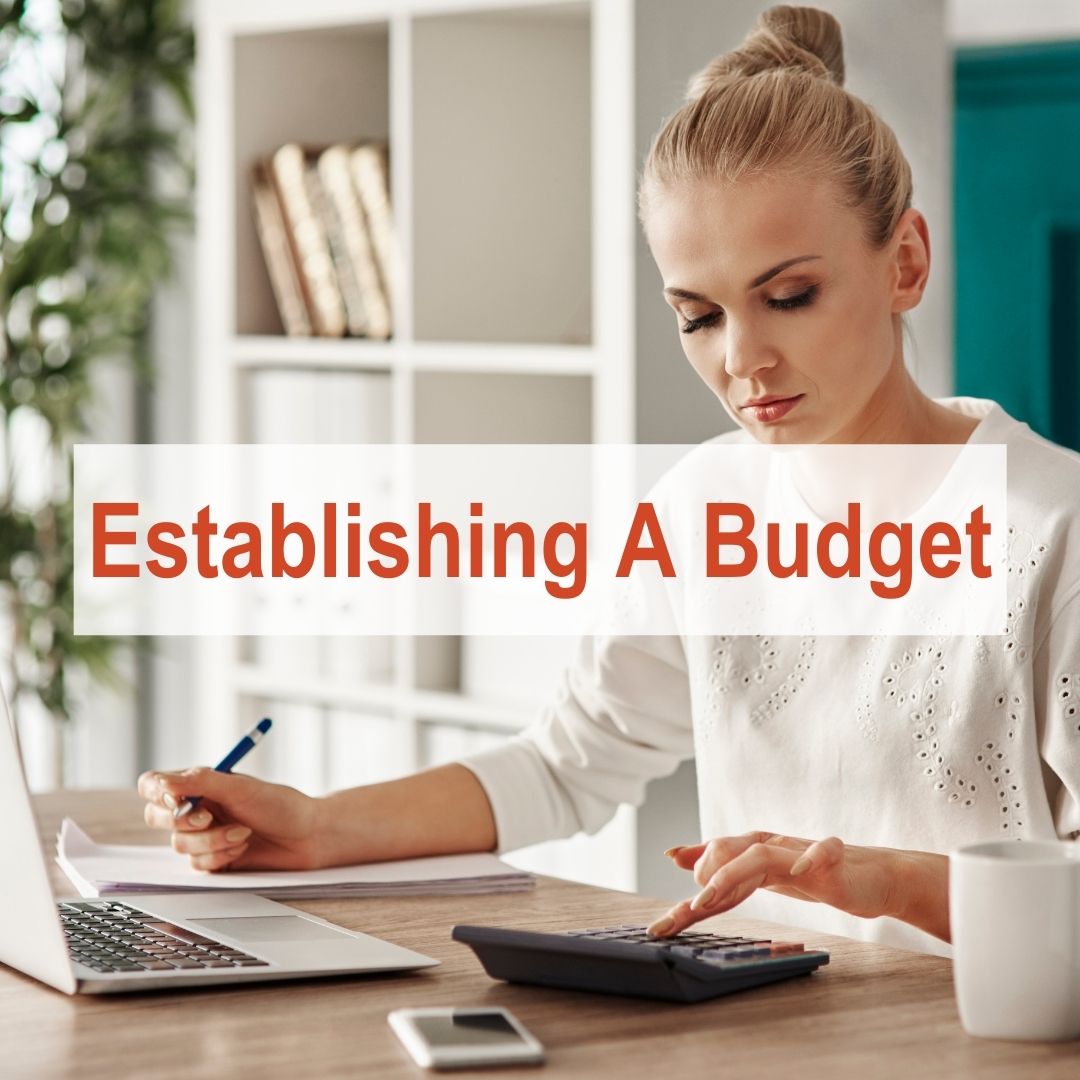 woman typing on computer and looking at paper | Establishing a budget