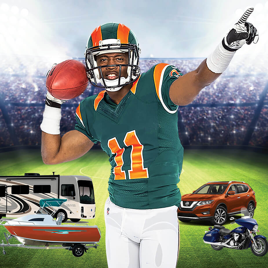 Football Player with RV, Boat, SUV, and Motorcycle behind him